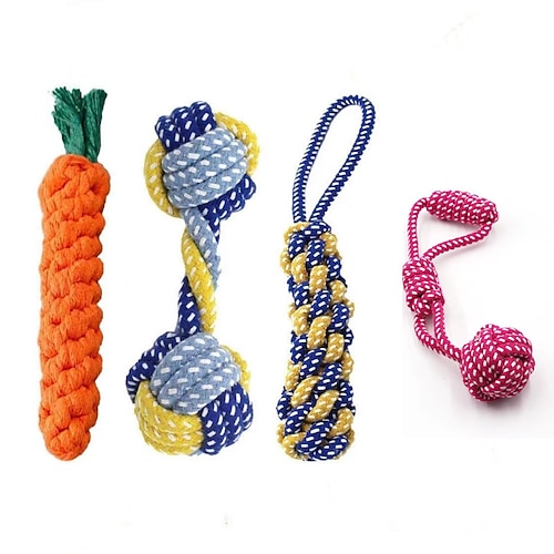 

4PCS Dog Toy Carrot Knot Rope Ball Cotton Rope Dumbbell Puppy Cleaning Teeth Chew Toy Durable Braided Bite Resistant Pet Supplies