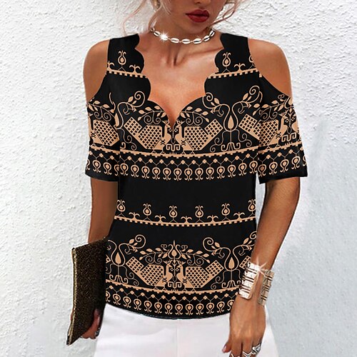 

Women's Shirt Graphic Patterned Holiday Weekend Shirt Short Sleeve Cut Out Print V Neck Casual Streetwear Black S / 3D Print