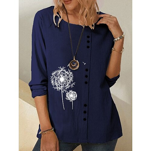 

Women's T shirt Tee Dandelion Casual Daily T shirt Tee Long Sleeve Print Round Neck Basic Essential Loose Blue Khaki Navy Blue S