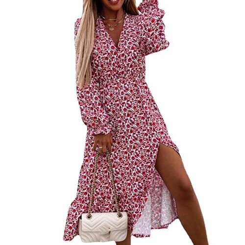 

Mujer Vestido informal Vestido de flores vestido largo vestido largo Rojo Manga Larga Floral Separado Otoño Primavera Escote en Pico Vestido de invierno Fin de semana vestido de otoño Holgado 2022 S