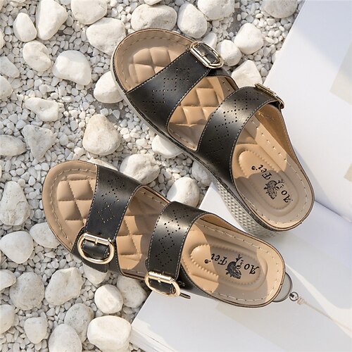 

Women's Sandals Comfort Shoes Wedge Heel Round Toe Open Toe Elegant Casual Daily Beach Faux Leather Loafer Spring Summer Solid Colored Black Gray Blue