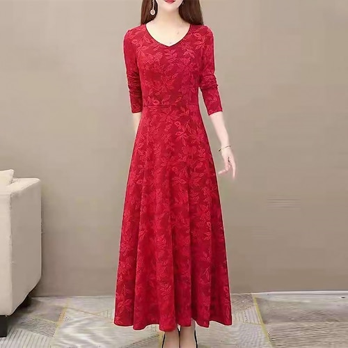 

Women's Casual Dress Swing Dress Midi Dress Green Red Long Sleeve Floral Jacquard Winter Fall Autumn V Neck Winter Dress Fall Dress 2022 S M L XL 2XL 3XL