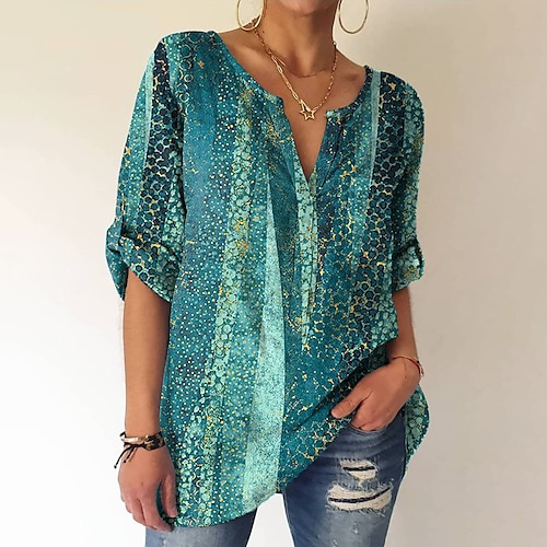 

Damen Bluse Tunika Grün Graphic Bedruckt Langarm Casual Wochenende Basic Ethnisch V Ausschnitt Standard Geometrisch Farbe S