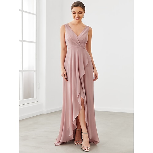 

A-Line Bridesmaid Dress V Neck Sleeveless Elegant Floor Length Chiffon with Pleats / Ruffles / Tier 2022