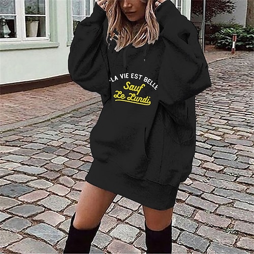 

damen hoodie kleid winterkleid kurz minikleid grün schwarz blau langarm herbst buchstabe print herbst frühling mit kapuze lässig 2022 s m l xl xxl 3xl