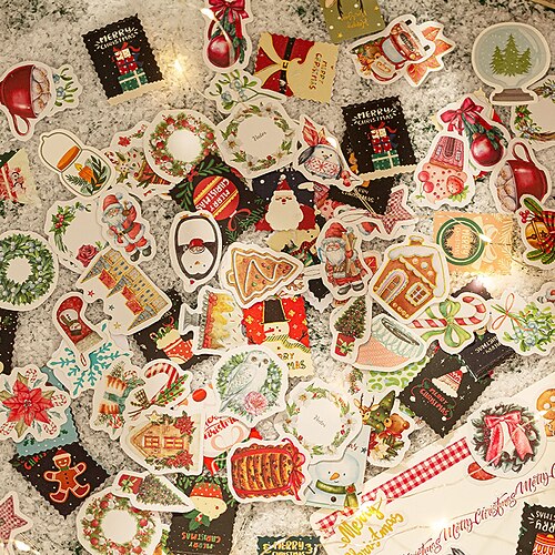 

46pcs Food Santa Claus Christmas Tree Stickers for School Office Business Waterproof Self-adhesive Retro for Women Men Girls