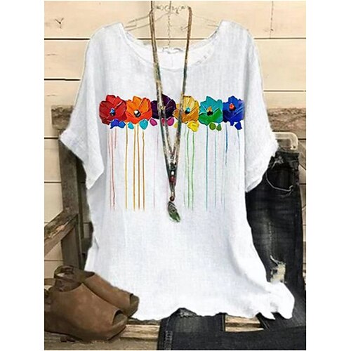 

Women's Blouse Flower Casual Daily Holiday Blouse Shirt Short Sleeve Patchwork Print Round Neck Bohemian Style Casual Loose White S / 3D Print