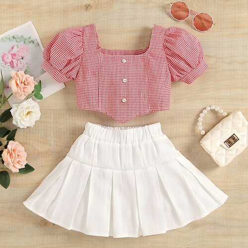 

2 Pieces Kids Girls' Shirt & Skirt Clothing Set Outfit Plaid Short Sleeve Pleated Cotton Set Outdoor Active Daily Spring Summer 2-8 Years Pink
