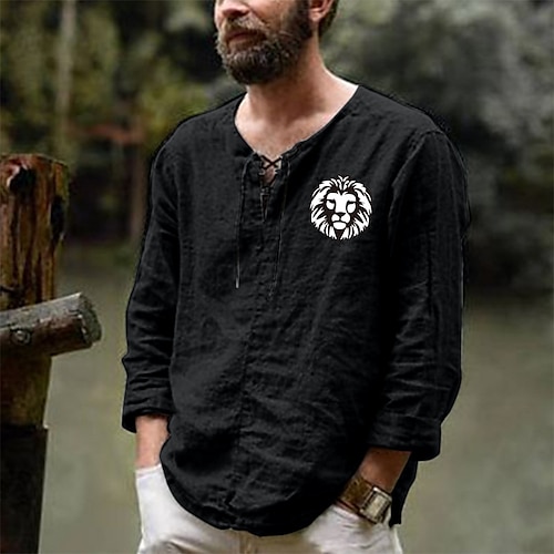 

Men's Shirt Graphic Patterned Solid Color Lion V Neck Casual Daily Drawstring Long Sleeve Tops Casual Exaggerated White Black Blue