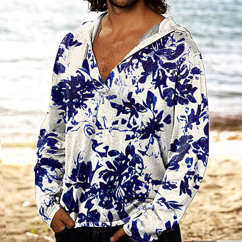 

Men's Unisex T shirt Tee 3D Print Color Block Graphic Prints V Neck Hooded Daily Holiday Print Long Sleeve Tops Designer Lightweight Casual Classic Blue / White
