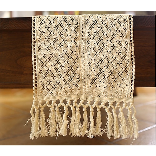 

Vintage Farmhouse Style Crochet Macrame Table Runner Linen with Tassels, Boho Plain Cotton Hollow Out Floral Lace Table Runners for Wedding Dining Room Dresser Decor