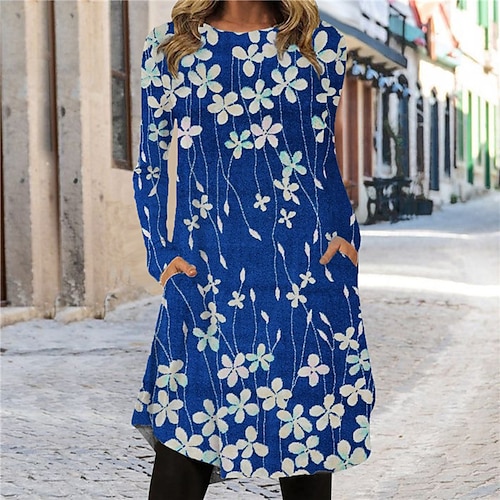 

Women's Shift Dress Knee Length Dress Blue Navy Blue Long Sleeve Floral Pocket Print Fall Spring Crew Neck Casual Vacation 2022 S M L XL XXL 3XL