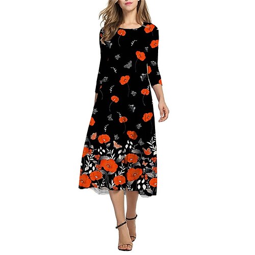 

Women's Shift Dress Midi Dress Pink Red 3/4 Length Sleeve Floral Ruched Print Fall Spring Round Neck Casual Vacation 2022 S M L XL XXL 3XL