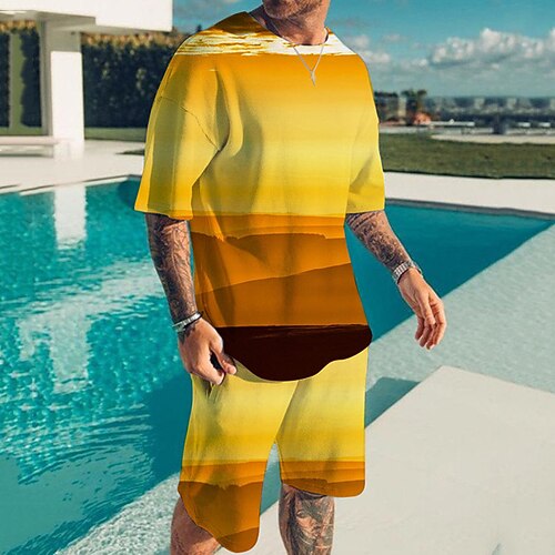 

Men's T-shirt Suits Tennis Shirt Graphic Landscape Crew Neck Blue Yellow Red Coffee Gray 3D Print Street Daily Short Sleeve Print Clothing Apparel 2pcs Basic Fashion Lightweight Casual / Summer