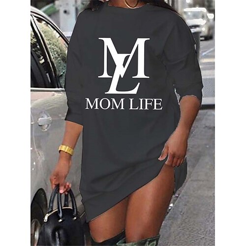 

Women's Shift Dress Short Mini Dress Dark Gray Long Sleeve Letter Print Fall Spring Crew Neck Casual Fashion 2022 S M L XL XXL 3XL