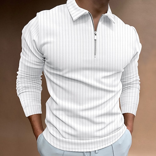 

Men's Collar Polo Shirt Golf Shirt Solid Color Striped Turndown White Black Gray Wine Dark Green Long Sleeve Hot Stamping Going out Gym Patchwork Zipper Slim Tops Sportswear Casual