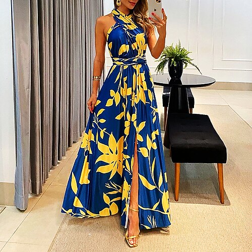 

Women's Swing Dress Maxi long Dress Dark Blue Sleeveless Floral Split Cold Shoulder Print Spring Summer Halter Neck Stylish Modern 2022 S M L XL