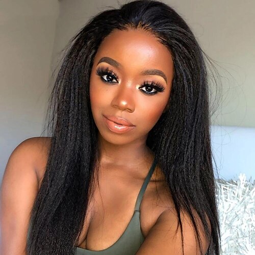 

Remy Yaki Straight Lace Front Human Hair Wigs 13x6 Lace Frontal Wig Brazilian Kinky Straight Wigs Free Part Brazilian Hair kinky Straight Black Wig 150% Density