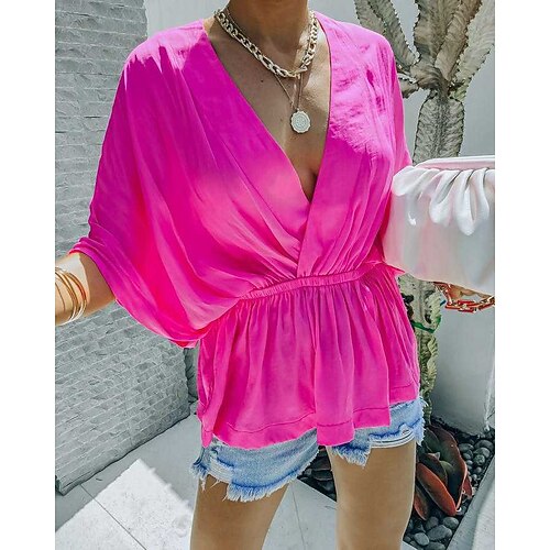 

Women's Shirt Plain Daily Weekend Shirt 3/4 Length Sleeve Flowing tunic V Neck Casual Streetwear Green Black Fuchsia S