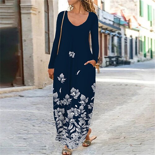 

Women's Shift Dress Maxi long Dress White Black Blue Navy Blue Long Sleeve Floral Butterfly Animal Pocket Print Fall Spring Crew Neck Casual 2022 XS S M L XL XXL 3XL 4XL 5XL 6XL