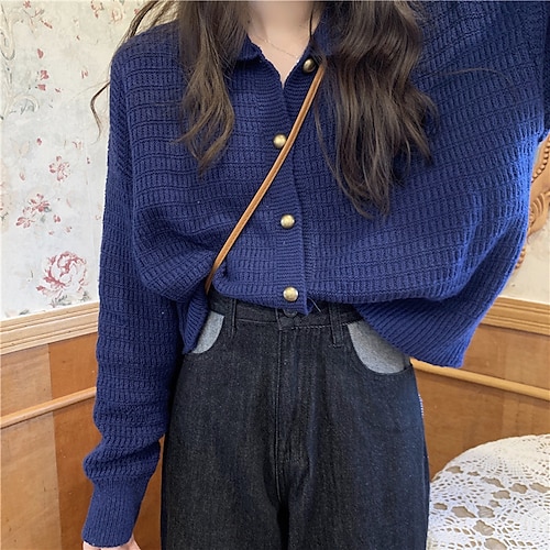 

Women's Cardigan Sweater Jumper Ribbed Knit Knitted Button Pure Color Shirt Collar Stylish Casual Daily Holiday Fall Winter Yellow Navy Blue One-Size / Long Sleeve / Regular Fit / Going out