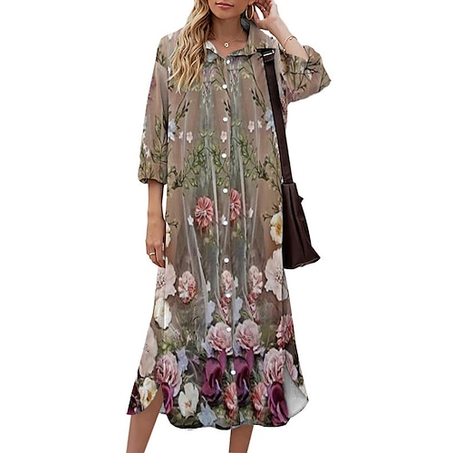 

Women's Shift Dress Midi Dress Brown 3/4 Length Sleeve Fall Floral Button Print Fall Spring Shirt Collar Casual Fashion 2022 S M L XL XXL 3XL