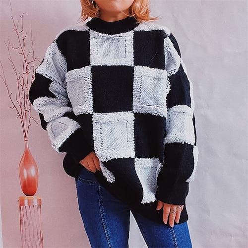 

Women's Pullover Sweater Jumper Ribbed Knit Knitted Plaid Stand Collar Stylish Casual Daily Going out Fall Winter Black Blue S M L / Long Sleeve