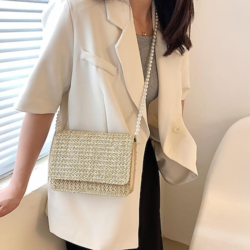 

Women's Sling Bags Crossbody Bag Straw Bag Straw PU Leather Beading Chain Solid Color Daily Date Creamy-white khaki