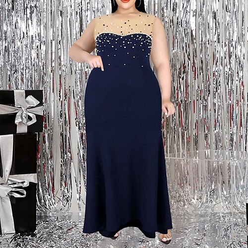 

Women's Plus Size Party Dress Solid Color Crew Neck Mesh Sleeveless Fall Winter Sexy Prom Dress Maxi long Dress Party Date Dress