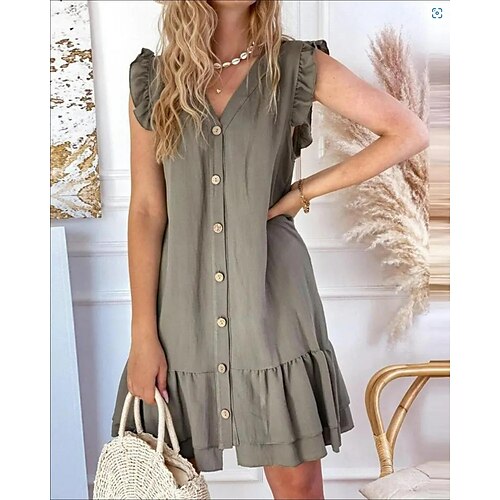 

Women's Modern Short Mini Dress Sleeveless Pure Color Button Fall Winter V Neck Fashion Dress