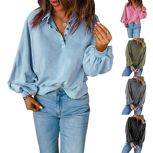 

Women's Lapel Solid Color Flared Sleeve Button Hoodies T-shirt Spring Fall Winter