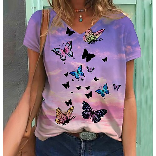 

Women's T shirt Tee Butterfly Casual Floral T shirt Tee Short Sleeve Print V Neck Vintage Green S / 3D Print