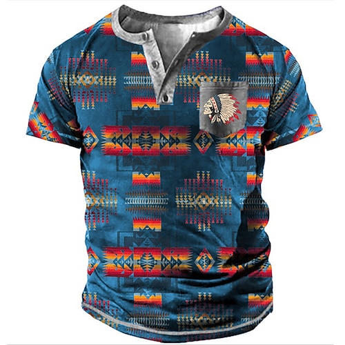 

Men's Henley Shirt Tee T shirt Tee 3D Print Graphic Patterned Tribal Plus Size Henley Daily Sports Button-Down Print Short Sleeve Tops Designer Basic Casual Classic Blue / Summer