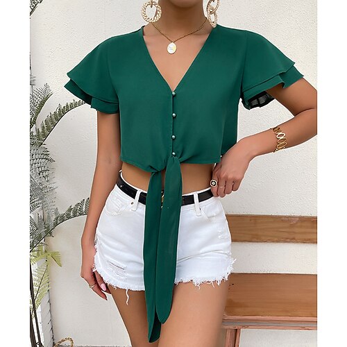 

Women's Crop Top Plain Daily Weekend Crop Top Blouse Shirt Short Sleeve Lace up Button V Neck Casual Streetwear Green S