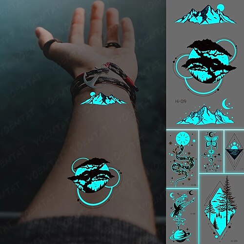 

6 PCS Blue Luminous Glow Tattoo Sticker Mountain Moon Waterproof Temporary Tatoo Nature Forest Sea Fake Tatto For Body Art Women Men