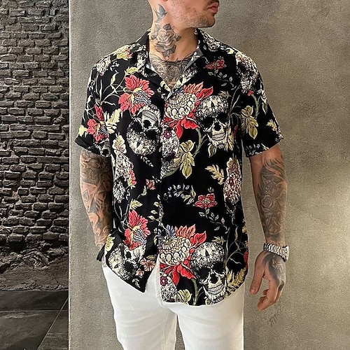 

Men's Shirt Summer Hawaiian Shirt Graphic Shirt Skull Turndown Red 3D Print Going out golf shirts Short Sleeve Patchwork Print Clothing Apparel Designer Retro Hip Hop Hawaiian / Slim