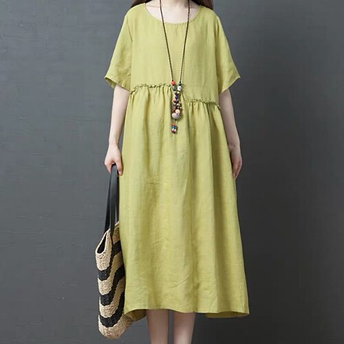 

Women's Shift Dress Knee Length Dress Light Yellow Yellow Red Short Sleeve Pure Color Ruched Pocket Spring Summer Crew Neck Casual Vintage 2022 M L XL XXL