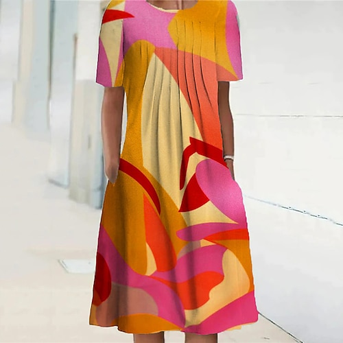 

Women's Shift Dress Knee Length Dress Rainbow Short Sleeve Color Block Pocket Print Spring Summer Crew Neck Casual Vacation 2022 S M L XL XXL 3XL