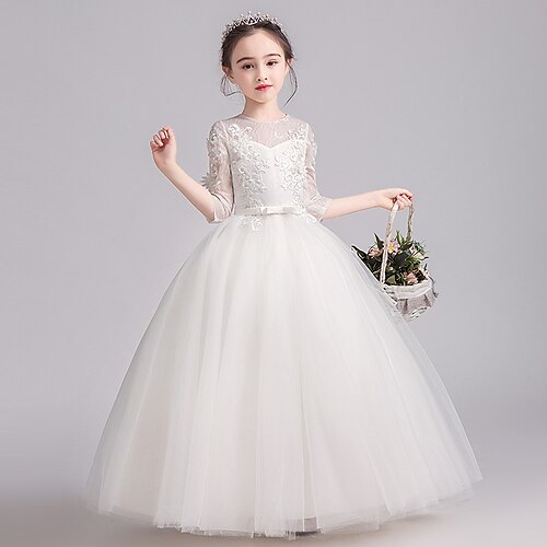 

Event / Party First Communion Princess Flower Girl Dresses Jewel Neck Floor Length Lace Tulle Winter Fall with Petal Lace Cute Girls' Party Dress Fit 3-16 Years