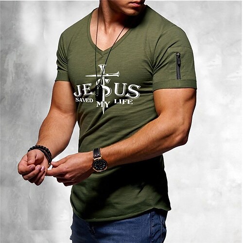 

Men's T shirt Tee Hot Stamping Graphic Patterned Letter V Neck Street Daily Print Short Sleeve Tops Designer Casual Fashion Comfortable Army Green / Summer