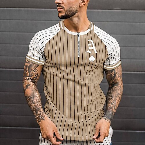 

Men's T shirt Tee Striped Graphic Patterned Color Block Crew Neck Street Daily Zipper Patchwork Short Sleeve Tops Designer Casual Fashion Comfortable Black Gray Red / Summer / Sports / Summer