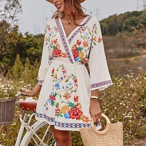 

Femme robe boheme Manches 3/4 Hiver Automne Printemps Imprimer Floral Col V Fin de semaine Ample 2022 Noir Rose Claire Blanche S M L XL XXL