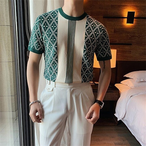

Men's T shirt Tee Argyle Crew Neck Street Daily Short Sleeve Tops Casual Fashion Comfortable Green Black