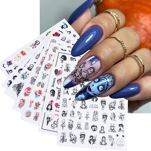 

7 pc Halloween Zombie Bride Nail Stickers Skull Snake Rose 3D Anime Sliders Water Tattoo Nail Decor Manicure Design CHCA725-732