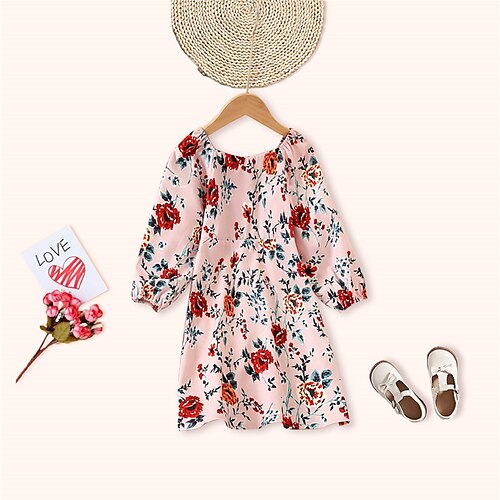 

Kids Little Girls' Dress Floral Plants Daily Print Pink Knee-length Long Sleeve Elegant Dresses Fall Spring 2-6 Years