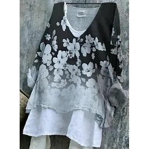 

Women's Plus Size Tops Blouse Floral Ruched Print Long Sleeve V Neck Festival Daily Vacation Polyester Fall Winter Black