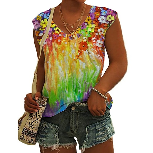 

Women's Plus Size Curve Tops Tank Top Floral Print Sleeveless V Neck Streetwear Daily Holiday Cotton Spandex Jersey Spring Summer Rainbow