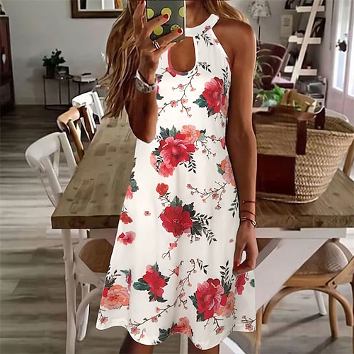 

Mujer Vestido informal Vestido de flores Negro Rojo Blanco Sin Mangas Floral Estampado Primavera Verano Cuello halter Fin de semana 2022 S M L XL XXL