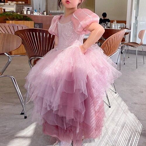 

Kids Little Girls' Dress Solid Colored A Line Dress Holiday Christening dress Pleated Mesh Sparkle Pink Maxi Short Sleeve Princess Cute Dresses Fall Spring Regular Fit 3-12 Years