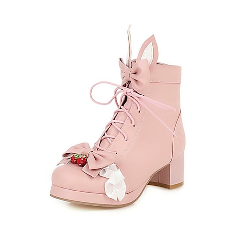 

Women's Boots Daily Lolita Booties Ankle Boots Winter Bowknot Chunky Heel Round Toe Minimalism PU Leather Lace-up Solid Colored Black Rosy Pink Beige